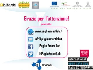 Grazie per l’attenzione!
powered by

www.pugliasmartlab.it
info@pugliasmartlab.it

Puglia Smart Lab
@PugliaSmartLab
LE

22/02/2014

 