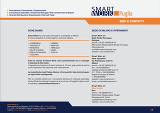 1. Recruitment, Formazione, Outplacement
2. Consulenza Aziendale, Temporary Manager, Reti commerciali ed Export
3. Grande Distribuzione Organizzata & Normal Trade                                                                                                Puglia
                                                                                                                                                  SEDI E CONTATTI


                             DOVE SIAMO                                                                       SEDE DI MILANO E RIFERIMENTI

                             Smart Work ha una sede principale in Lombardia, a Milano.                        Smart Work srl
                             E’ anche presente in molte regioni e province italiane:                          Sede Emilia Romagna
                                                                                                              Bologna
                             • LOMBARDIA                   • UMBRIA                                           phone: +39 02 23663618/19
                             • TRIVENETO                   • MARCHE                                           Riferimento Responsabile Emilia Romagna:
                             • PIEMONTE                    • ABRUZZO                                          Ettore Bonomi
                             • VALLE D’AOSTA               • LAZIO                                            emilia@smartworkgroup.com
                             • EMILIA ROMAGNA              • PUGLIA                                           website: www.smartwork.it
                             • TOSCANA
                                                                                                              Smart Work srl
                                                                                                              Sede operativa:
                             Tutte le risorse di Smart Work sono professionisti ed ex manager                 via Pestalozza, 2 20131
                             d’azienda di alto livello.                                                       Milano
                             L’esperienza di ognuno di essi è minimo di 10 anni, gran parte di essi ha        phone: +39 02 23663618/19
                             avuto esperienze sia nazionali che internazionali.                               fax: +39 0293660921
                                                                                                              capitale sociale 25.000 euro I.V.
                             La maturità dei nostri Sales Advisor e Consulenti è tale da interloquire         C.F., P.IVA n. 04226590968,
                             ad ogni livello manageriale.                                                     Registro Imprese di Milano
                                                                                                              n. 04226590968
                             Per un contatto diretto con i consulenti dell’area di interesse aziendale,       website: www.smartwork.it
                             sarà sufficiente indicare la regione e la provincia nell’oggetto della e-mail,   email: contatto@smartwork.it
                             e inoltrarla a contatto@smartwork.it
                                                                                                              Smart Work srl
                                                                                                              Sede Puglia
                                                                                                              Bari
                                                                                                              phone: +39 3939941874
                                                                                                              Riferimento Responsabile Puglia:
                                                                                                              Mariateresa Di Terlizzi
                                                                                                              puglia@smartworkgroup.com
                                                                                                              website: www.smartwork.it
Smart Work srl
Sede operativa: via Pestalozza, 2 20131 Milano - tel: +39 02 23663618
C.F., P.IVA n. 04226590968, Registro Imprese di Milano n. 04226590968
website: www.smartwork.it - email: contatto@smartwork.it                                                                                                            13
 