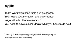 Agile
Team Workflows need tools and processes
Soa needs documentation and governance
Negotiation is often necessary *
You need to have a clear idea of what you have to do next
* Getting to Yes: Negotiating an agreement without giving in
by Roger Fisher and William Ury
 