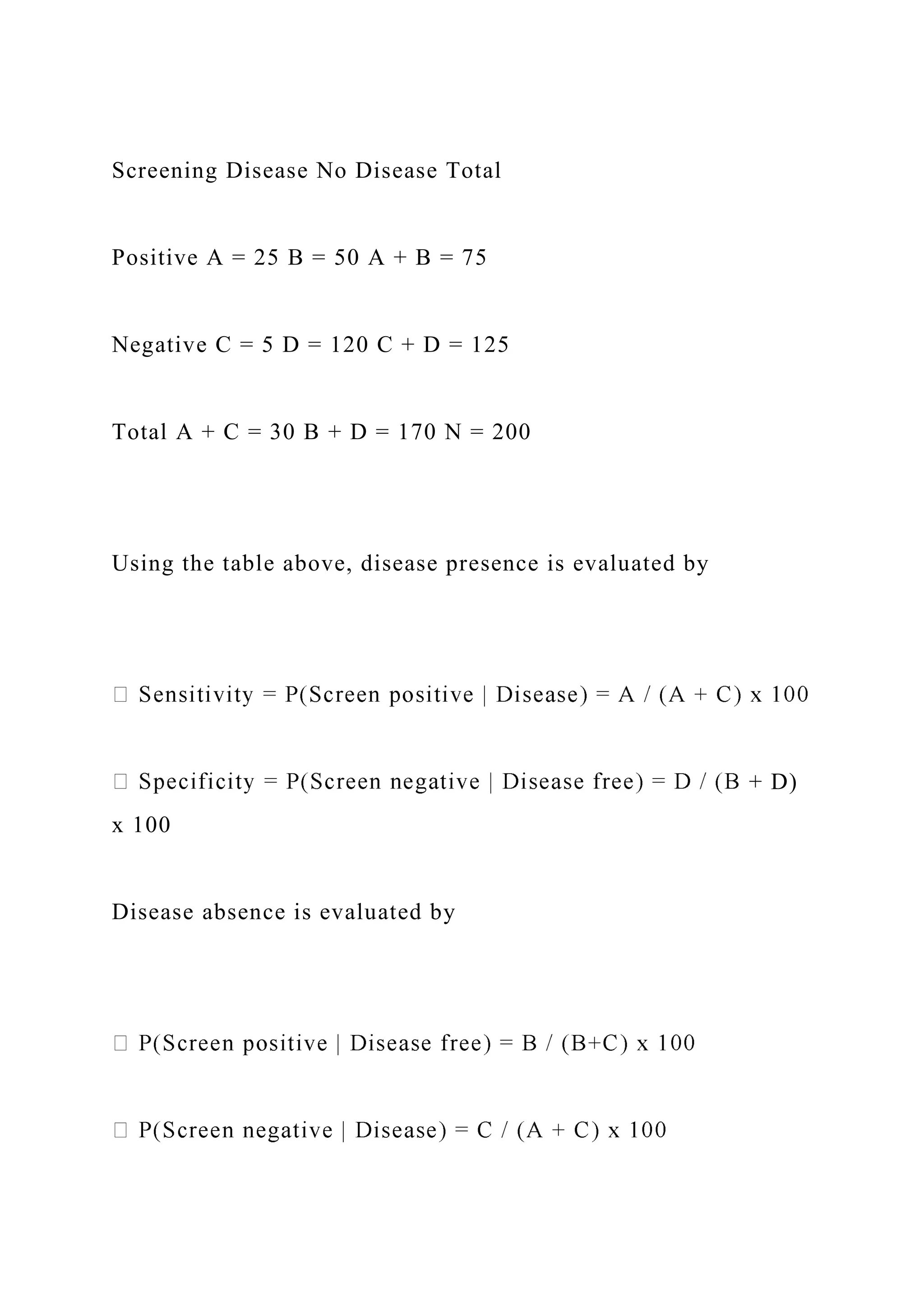 Screening Disease No Disease Total
Positive A = 25 B = 50 A + B = 75
Negative C = 5 D = 120 C + D = 125
Total A + C = 30 B + D = 170 N = 200
Using the table above, disease presence is evaluated by
+ D)
x 100
Disease absence is evaluated by
 