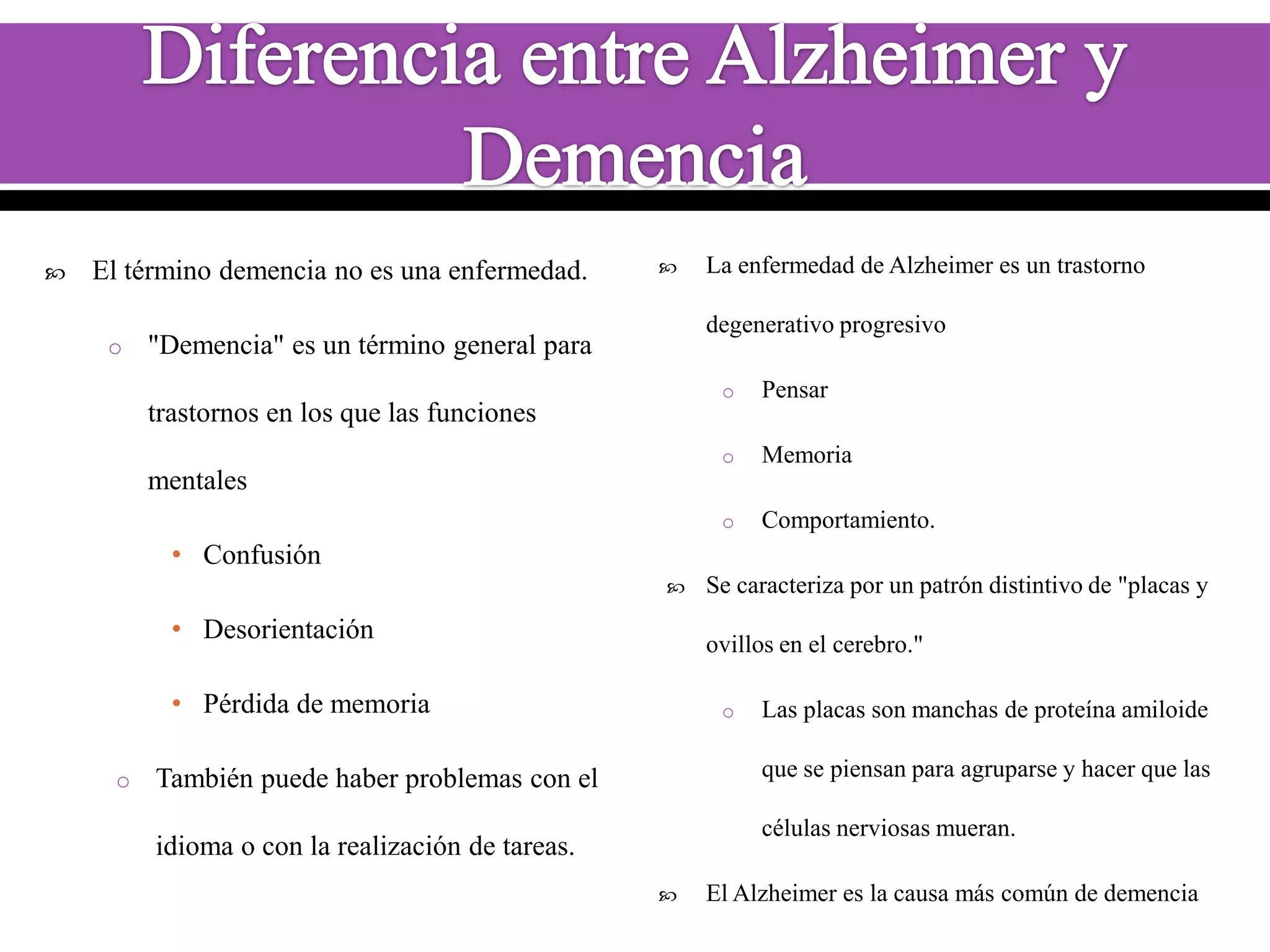 

El término demencia no es una enfermedad.
o



La enfermedad de Alzheimer es un trastorno
degenerativo progresivo

"Demencia" es un término general para

o

Pensar

o

Memoria

o

Comportamiento.

trastornos en los que las funciones
mentales

• Confusión


• Desorientación

ovillos en el cerebro."

• Pérdida de memoria
o

Se caracteriza por un patrón distintivo de "placas y

o

Las placas son manchas de proteína amiloide
que se piensan para agruparse y hacer que las

También puede haber problemas con el

células nerviosas mueran.

idioma o con la realización de tareas.


El Alzheimer es la causa más común de demencia

 