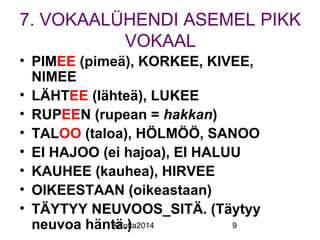 7. VOKAALÜHENDI ASEMEL PIKK 
VOKAAL 
• PIMEE (pimeä), KORKEE, KIVEE, 
NIMEE 
• LÄHTEE (lähteä), LUKEE 
• RUPEEN (rupean = hakkan) 
• TALOO (taloa), HÖLMÖÖ, SANOO 
• EI HAJOO (ei hajoa), EI HALUU 
• KAUHEE (kauhea), HIRVEE 
• OIKEESTAAN (oikeastaan) 
• TÄYTYY NEUVOOS_SITÄ. (Täytyy 
neuvoa häntä.) 
KKotta2014 9 
 
