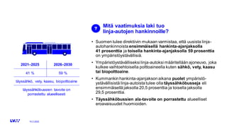 2021–2025 2026–2030
Mitä vaatimuksia laki tuo
linja-autojen hankinnoille?
• Suomen tulee direktiivin mukaan varmistaa, ett...