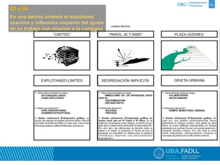 Departamento 
CBC / Proyectual 15 
02 a 04 
En una lámina síntesis el estudiante 
examina y reflexiona respecto del ajuste 
de su trabajo con relación a la consigna 
 