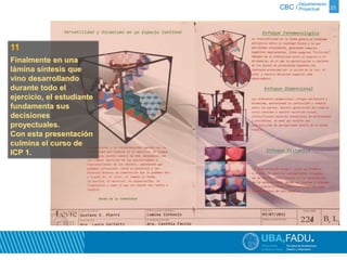 Departamento 
CBC / Proyectual 23 
11 
Finalmente en una 
lámina síntesis que 
vino desarrollando 
durante todo el 
ejercicio, el estudiante 
fundamenta sus 
decisiones 
proyectuales. 
Con esta presentación 
culmina el curso de 
ICP 1. 
 