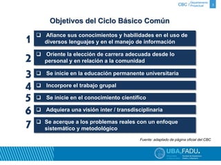 Departamento 
CBC / Proyectual 3 
 Afiance sus conocimientos y habilidades en el uso de 
diversos lenguajes y en el manejo de información 
 Oriente la elección de carrera adecuada desde lo 
personal y en relación a la comunidad 
 Se inicie en la educación permanente universitaria 
 Incorpore el trabajo grupal 
 Se inicie en el conocimiento científico 
 Adquiera una visión inter / transdisciplinaria 
 Se acerque a los problemas reales con un enfoque 
sistemático y metodológico 
1 
2 
34 
5 
67 
Objetivos del Ciclo Básico Común 
Fuente: adaptado de página oficial del CBC 
 