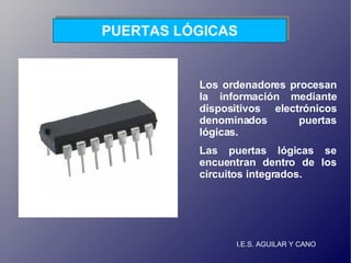 I.E.S. AGUILAR Y CANO PUERTAS LÓGICAS Los ordenadores procesan la información mediante dispositivos electrónicos denominados puertas lógicas. Las puertas lógicas se encuentran dentro de los circuitos integrados. 