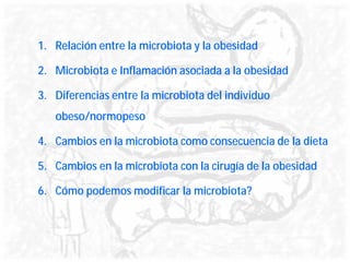 1. Relación entre la microbiota y la obesidad
2. Microbiota e Inflamación asociada a la obesidad
3. Diferencias entre la microbiota del individuo
obeso/normopeso
4. Cambios en la microbiota como consecuencia de la dieta
5. Cambios en la microbiota con la cirugía de la obesidad
6. Cómo podemos modificar la microbiota?
 