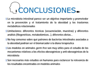 § La microbiota intestinal parece ser un objetivo importante y prometedor
en la prevención y el tratamiento de la obesidad y los trastornos
metabólicos relacionados
§ Limitaciones: diferentes técnicas (secuenciación, muestras) y diferentes
análisis (filogenéticos, metabolómicos…), diferentes dietas…
§ No hay consenso sobre qué patrones de bacterias intestinales asociados a
la obesidad podrían ser el biomarcador o la diana terapéutica
§ Los modelos en animales germ free son muy útiles para el estudio de los
mecanismos relativos a los efectos obesogénicos y anti-obesogénicos de la
microbiota
§ Son necesarios más estudios en humanos para esclarecer la relevancia de
los resultados encontrados en modelos animales
CONCLUSIONES
 