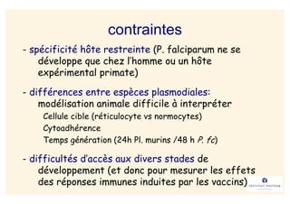 contraintes
- spécificité hôte restreinte (P. falciparum ne se
    développe que chez l’homme ou un hôte
    expérimental primate)

- différences entre espèces plasmodiales:
    modélisation animale difficile à interpréter
    Cellule cible (réticulocyte vs normocytes)
    Cytoadhérence
    Temps génération (24h Pl. murins /48 h P. fc)

- difficultés d’accès aux divers stades de
    développement (et donc pour mesurer les effets
    des réponses immunes induites par les vaccins)
 