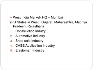  West India Market- HQ – Mumbai
(PU States in West : Gujarat, Maharashtra, Madhya
Pradesh, Rajasthan)
1. Construction Indutry
2. Automotive industry
3. Shoe sole Industry
4. CASE Application Industry
5. Elastomer Industry
 