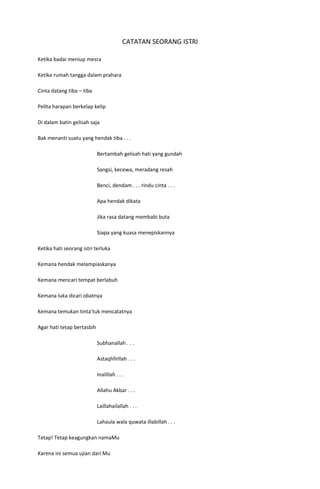 CATATAN SEORANG ISTRI

Ketika badai meniup mesra

Ketika rumah tangga dalam prahara

Cinta datang tiba – tiba

Pelita harapan berkelap kelip

Di dalam batin gelisah saja

Bak menanti suatu yang hendak tiba . . .

                            Bertambah gelisah hati yang gundah

                            Sangsi, kecewa, meradang resah

                            Benci, dendam . . . rindu cinta . . .

                            Apa hendak dikata

                            Jika rasa datang membabi buta

                            Siapa yang kuasa menepiskannya

Ketika hati seorang istri terluka

Kemana hendak melampiaskanya

Kemana mencari tempat berlabuh

Kemana luka dicari obatnya

Kemana temukan tinta’tuk mencatatnya

Agar hati tetap bertasbih

                            Subhanallah . . .

                            Astaqhfirllah . . .

                            Inalillah . . .

                            Allahu Akbar . . .

                            Laillahailallah . . .

                            Lahaula wala quwata illabillah . . .

Tetap! Tetap keagungkan namaMu

Karena ini semua ujian dari Mu
 