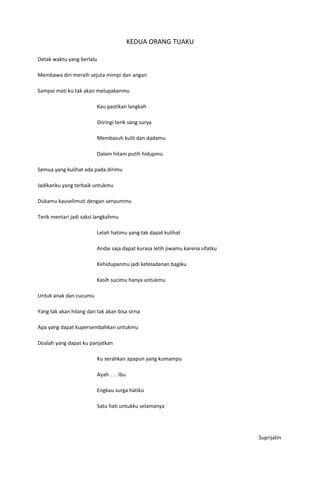 KEDUA ORANG TUAKU

Detak waktu yang berlalu

Membawa diri meraih sejuta mimpi dan angan

Sampai mati ku tak akan melupakanmu

                         Kau pastikan langkah

                         Diiringi terik sang surya

                         Membasuh kulit dan dadamu

                         Dalam hitam putih hidupmu

Semua yang kulihat ada pada dirimu

Jadikanku yang terbaik untukmu

Dukamu kauselimuti dengan senyummu

Terik mentari jadi saksi langkahmu

                         Lelah hatimu yang tak dapat kulihat

                         Andai saja dapat kurasa letih jiwamu karena sifatku

                         Kehidupanmu jadi keteladanan bagiku

                         Kasih sucimu hanya untukmu

Untuk anak dan cucumu

Yang tak akan hilang dan tak akan bisa sirna

Apa yang dapat kupersembahkan untukmu

Doalah yang dapat ku panjatkan

                         Ku serahkan apapun yang kumampu

                         Ayah . . . Ibu

                         Engkau surga hatiku

                         Satu hati untukku selamanya




                                                                               Suprijatin
 