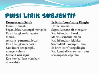 PUISI LIRIK Subjektif
Kerucut nan Sejuk               Es Krim ‘corn’ yang Dingin
Hmm…nikmat…                     Hmm…nikmat…
Segar…laksana sungai mengalir   Segar…laksana air mengalir
Kau hilangkan dahagaku          Kau hilangkan hausku
Manis…                          Manis…semanis madu
semanis panennya lebah          Kau hilangkan lelahku
Kau hilangkan penatku           Saat lidahku menyentuhmu
Saat indra pengecapku           Es krim ‘corn’ yang dingin
menyentuhmu                     Kau kembalikan senyum dan
Kerucut nan sejuk               semangat di wajahku
Kau kembalikan matahari
di wajahku
 
