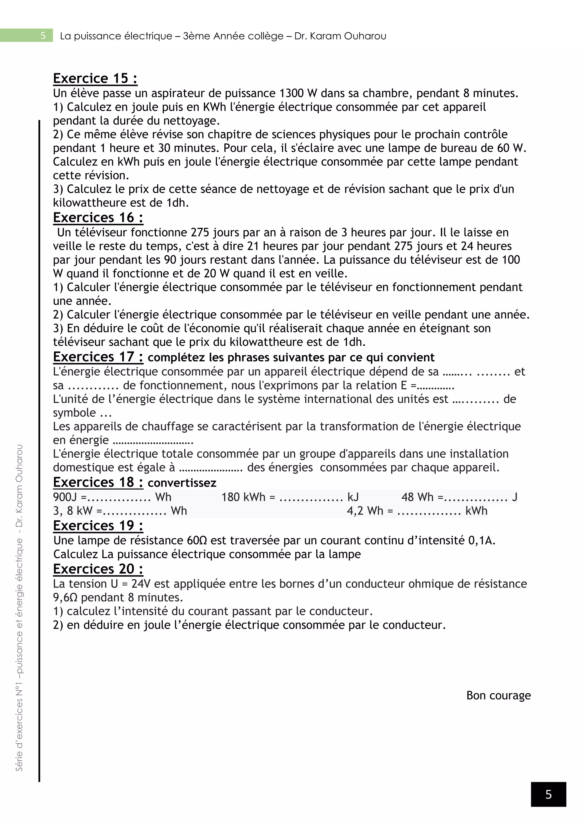 Puissance Et énergie électrique 3ème Exercices Corrigés Pdf Puissance et énergie électrique - Dr. Karam Ouharou.pdf