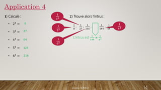 Application 4
𝟏) Calcule :
• 23 =
• 33 =
• 43
=
• 53 =
• 63 =
8
27
64
125
216
𝟐) Trouve alors l’intrus :
1
8
;
1
27
;
1
216
;
1
144
;
1
64
.
L’intrus est
1
144
≠
1
𝑎3
1
23
1
33
1
63
1
43
14
Jennifer TOMKO
 