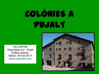 COLÒNIES A
PUJALT
CA L’ANTON
Plaça Major s/n – Pujalt
(Pallars Sobirà).
Telèfon: 973 62 09 17
www.calanton.com
 
