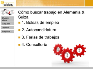 Cómo buscar trabajo en Alemania &
Situación   Suiza
laboral

Búsqueda     1. Bolsas de empleo
Vacantes

Preguntas      2. Autocandidatura
               3. Ferias de trabajos
               4. Consultoría
 