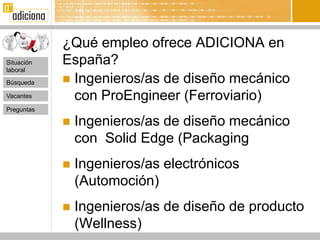 ¿Qué empleo ofrece ADICIONA en
Situación   España?
laboral

Búsqueda     Ingenieros/as de diseño mecánico
Vacantes      con ProEngineer (Ferroviario)
Preguntas

               Ingenieros/as de diseño mecánico
                con Solid Edge (Packaging
               Ingenieros/as electrónicos
                (Automoción)
               Ingenieros/as de diseño de producto
                (Wellness)
 