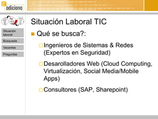 Situación Laboral TIC
Situación
laboral        Qué se busca?:
Búsqueda

Vacantes         Ingenierosde Sistemas & Redes
Preguntas        (Expertos en Seguridad)
                 Desarolladores  Web (Cloud Computing,
                 Virtualización, Social Media/Mobile
                 Apps)
                 Consultores   (SAP, Sharepoint)
 