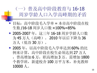 （一）普及高中阶段教育与 16-18   周岁学龄人口入学高峰期的矛盾 目标：高中阶段毛入学率 = 本市高中阶段在校生数 /16-18 周岁人口数 ×100%=85% 2005-2007 年，这三年 16-18 周岁学龄人口数为 45 万人（高峰）。 2010 年以后下降为 36 万人（低谷 30 万）。 2005 年，以高中阶段毛入学率达到 60% 的比例来计算，高中阶段在校生必须达到 27 万人，普高增加 6 万，职高增加 3 万。需增加 1800 个教学班，新建校舍 100 万平方米，补充教师 10000 人。 