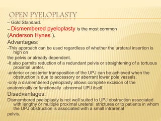 OPEN PYELOPLASTY
– Gold Standard.
– Dismembered pyeloplasty is the most common
(Anderson Hynes ).
Advantages:
-This approach can be used regardless of whether the ureteral insertion is
high on
the pelvis or already dependent.
-It also permits reduction of a redundant pelvis or straightening of a tortuous
proximal ureter.
-anterior or posterior transposition of the UPJ can be achieved when the
obstruction is due to accessory or aberrant lower pole vessels.
-only a dismembered pyeloplasty allows complete excision of the
anatomically or functionally abnormal UPJ itself.
Disadvantages:
Dismembered pyeloplasty is not well suited to UPJ obstruction associated
with lengthy or multiple proximal ureteral strictures or to patients in whom
the UPJ obstruction is associated with a small intrarenal
pelvis.
 