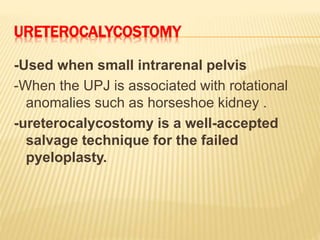 URETEROCALYCOSTOMY
-Used when small intrarenal pelvis
-When the UPJ is associated with rotational
anomalies such as horseshoe kidney .
-ureterocalycostomy is a well-accepted
salvage technique for the failed
pyeloplasty.
 