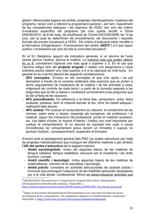 global i diferenciada segons els àmbits, projectes interdisciplinaris i matèries del
programa i tenen com a referent la programació general i, per tant, l’assoliment
de les competències bàsiques i els objectius de l’ESO, així com els criteris
d’avaluació específics del programa (tal com queda recollit a Ordre
ENS/56/2012, de 8 de març, de modificació de l’Ordre EDU/295/2008, de 13 de
juny, per la qual es determinen els procediments, els documents i requisits
formals del procés d’avaluació a l’ESO. Els criteris d’avaluació estan recollits a
la Normativa d’Organització i Funcionament del centre (NOFC8
) a fi que siguin
públics i coneixedors per part de tota la comunitat educativa9
.
En el S.I. Badalona, seguint els indicadors generals, si un alumne de l’aula
oberta aprova l’actitud, aprova la matèria. La màxima nota que poden obtenir
és un 6, considerant l’aprovat una nota igual o superior a 5. En el cas que
l’alumne estigui dins del projecte singular o realitzi una assignatura a l’aula
ordinària podria obtenir una nota superior a 6 si la valoració és molt bona. En
general es du a terme atenent les següents consideracions:
- 20% conceptes: S’inclou en els conceptes el que s’ha aprés i es pot
demostrar a través de la correcta realització dels exercicis que es porten a
terme seguidament de l’explicació de la matèria i de les activitats a casa,
mitjançant els controls de cada tema i a partir de la correcta resposta a les
preguntes que es fan a classe o contestant correctament a les preguntes que
es fan al llarg de les sessions.
- 40% procediments: Fa referència a la feina feta, comportant: ordre, feina
acabada, polidesa, tenir el material escolar al dia, ritme de treball adequat i
realització dels deures.
- 40% actitud: Per avaluar el comportament es valorarà: el compliment de les
normes, saber estar a classe, respectar els companys, als professors i al
material, seguir les indicacions del professorat, portar el material necessari,
etc. Les faltes d’ordre, la mostra d’interès i l’esforç són molt importants per
avaluar el comportament. Si un alumne és expulsat tres cops a causa
d’incidències de comportament greus durant un trimestre li suposa no
aprovar l’actitud i, conseqüentment, suspendre el trimestre
D’acord amb el plantejament general dels PDC (es poden estructurar per mitjà
de projectes interdisciplinaris que incloguin les diferents matèries o per àmbits)
l’AO del centre s’estructura de la següent manera:
- Àmbit sociolingüístic: inclou els aspectes bàsics de les matèries de
llengua catalana, llengua castellana, educació per la ciutadania i els drets
humans i socials.
- Àmbit científic i tecnològic: inclou aspectes bàsics de les matèries de
matemàtiques, ciències de la naturalesa i tecnologia.
- Àmbit pràctic: consisteix en activitats estructurades de caràcter pràctic i
funcional que promoguin l’adquisició de les habilitats personals necessàries
per a la vida adulta i professional. Alhora es desenvoluparan activitats que
8
(20/06/2014) “Documents per a l’organització i la gestió dels centres. Departament
d’Ensenyament. Generalitat de catalunya. Disponible a:
http://educacio.gencat.cat/documents/IPCNormativa/DOIGC/PEC_Documents_gestio.pdf
9
Vegeu els documents del Departament d’Ensenyament on es concreten els diferents graus
d’assoliment de les competències: “les competències bàsiques en l’àmbit lingüístic i matemàtic”.
Disponible a: http://www.xtec.cat/web/curriculum/competenciesbasiques
16
 