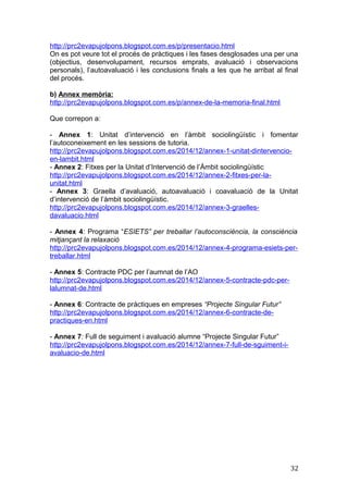 http://prc2evapujolpons.blogspot.com.es/p/presentacio.html
On es pot veure tot el procés de pràctiques i les fases desglosades una per una
(objectius, desenvolupament, recursos emprats, avaluació i observacions
personals), l’autoavaluació i les conclusions finals a les que he arribat al final
del procés.
b) Annex memòria:
http://prc2evapujolpons.blogspot.com.es/p/annex-de-la-memoria-final.html
Que correpon a:
- Annex 1: Unitat d’intervenció en l’àmbit sociolingüístic i fomentar
l’autoconeixement en les sessions de tutoria.
http://prc2evapujolpons.blogspot.com.es/2014/12/annex-1-unitat-dintervencio-
en-lambit.html
- Annex 2: Fitxes per la Unitat d’Intervenció de l’Àmbit sociolingüístic
http://prc2evapujolpons.blogspot.com.es/2014/12/annex-2-fitxes-per-la-
unitat.html
- Annex 3: Graella d’avaluació, autoavaluació i coavaluació de la Unitat
d’intervenció de l’àmbit sociolingüístic.
http://prc2evapujolpons.blogspot.com.es/2014/12/annex-3-graelles-
davaluacio.html
- Annex 4: Programa “ESIETS” per treballar l’autoconsciència, la consciència
mitjançant la relaxació
http://prc2evapujolpons.blogspot.com.es/2014/12/annex-4-programa-esiets-per-
treballar.html
- Annex 5: Contracte PDC per l’aumnat de l’AO
http://prc2evapujolpons.blogspot.com.es/2014/12/annex-5-contracte-pdc-per-
lalumnat-de.html
- Annex 6: Contracte de pràctiques en empreses “Projecte Singular Futur”
http://prc2evapujolpons.blogspot.com.es/2014/12/annex-6-contracte-de-
practiques-en.html
- Annex 7: Full de seguiment i avaluació alumne “Projecte Singular Futur”
http://prc2evapujolpons.blogspot.com.es/2014/12/annex-7-full-de-sguiment-i-
avaluacio-de.html
32
 