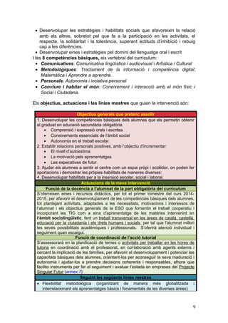 • Desenvolupar les estratègies i habilitats socials que afavoreixin la relació
amb els altres, sobretot pel que fa a la participació en les activitats, el
respecte, la solidaritat i la tolerància, superant actituds d’inhibició i rebuig
cap a les diferències.
• Desenvolupar eines i estratègies pel domini del llenguatge oral i escrit
I les 8 competències bàsiques, eix vertebral del currículum:
• Comunicatives: Comunicativa lingüística i audiovisual i Artística i Cultural
• Metodològiques: Tractament de la informació i competència digital;
Matemàtica i Aprendre a aprendre.
• Personals: Autonomia i inciativa personal
• Conviure i habitar el món: Coneixement i interacció amb el món físic i
Social i Ciutadana.
Els objectius, actuacions i les línies mestres que guien la intervenció són:
Objectius generals que pretenc assolir
1. Desenvolupar les competències bàsiques dels alumnes que els permetin obtenir
el graduat en educació secundària obligatòria.
• Comprensió i expressió orals i escrites
• Coneixements essencials de l’àmbit social
• Autonomia en el treball escolar.
2. Establir relacions personals positives, amb l’objectiu d’incrementar:
• El nivell d’autoestima
• La motivació pels aprenentatges
• Les expecatives de futur.
3. Ajudar els alumnes a sentir el centre com un espai pròpi i acollidor, on poden fer
aportacions i demostrar les pròpies habilitats de maneres diverses:
4. Desenvolupar habilitats per a la insersicó escolar, social i laboral.
Actuacions de la meva intervenció
Funció de la docéncia a l’alumnat de la part obligatòria del currículum
S’oferreixen eines i recursos didàctics, per tot el primer trimestre del curs 2014-
2015, per afavorir el desenvolupament de les competències bàsiques dels alumnes,
tot plantejant activitats, adaptades a les necessitats, motivacions i interessos de
l’alumnat i els objectius generals de la ESO que fomentin el treball cooperatiu i
incorporant les TIC com a eina d’aprenentatge de les matèries intervenint en
l‘àmbit sociolingüístic, fent un treball transversal en les àrees de català, castellà,
educació per la ciutadania i els drets humans i socials, per tal que l’alumnat millori
les seves possibilitats acadèmiques i professionals. S’oferirà atenció individual i
seguiment quan escaigui.
Funció de coordinació de l’acció tutorial
S’assessorarà en la planificació de temes o activitats per treballar en les hores de
tutoria en coordinació amb el professorat, en col·laboració amb agents externs i
cercant la implicació de les famílies, per afavorir el desenvolupament i potenciar les
capacitats bàsiques dels alumnes, orientant-los per aconseguir la seva maduració i
autonomia i ajudar-los a prendre decisions coherents i responsables, alhora que
facilito instruments per fer el seguiment i avaluar l’estada en empreses del Projecte
Singular Futur (annex 7)
Seguint les següents línies mestres
• Flexibilitat metodològica (organitzant de manera més globalitzada i
interrelacionant els aprenentatges bàsics i fonamentals de les diverses àrees)
9
 