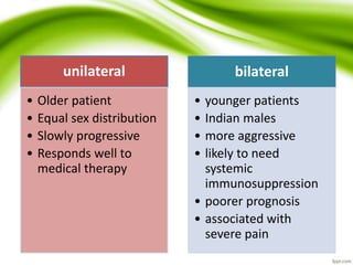 Forms unilateral
• Older patient
• Equal sex distribution
• Slowly progressive
• Responds well to
medical therapy
bilateral
• younger patients
• Indian males
• more aggressive
• likely to need
systemic
immunosuppression
• poorer prognosis
• associated with
severe pain
 