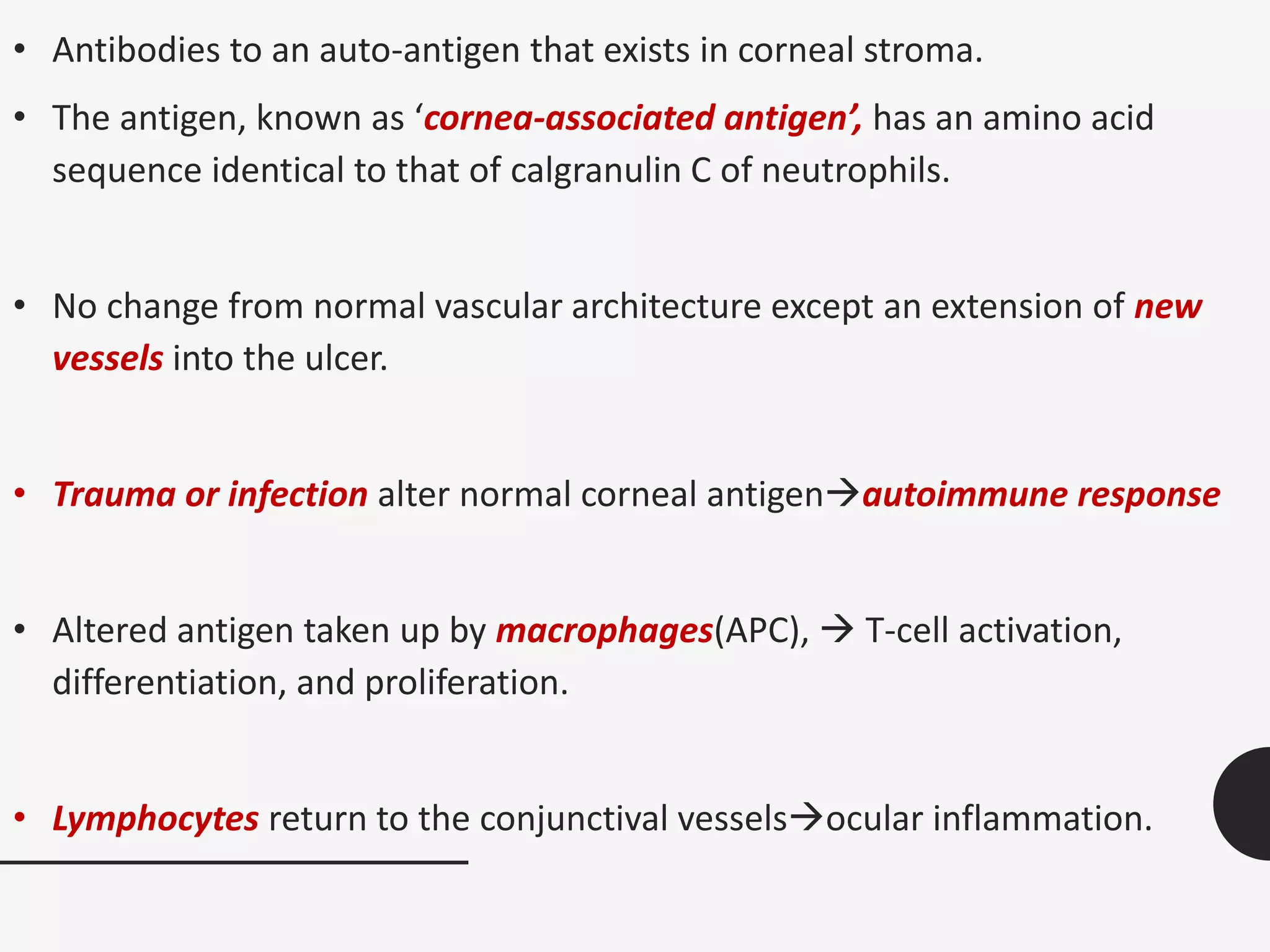 • Antibodies to an auto-antigen that exists in corneal stroma.
• The antigen, known as ‘cornea-associated antigen’, has an amino acid
sequence identical to that of calgranulin C of neutrophils.
• No change from normal vascular architecture except an extension of new
vessels into the ulcer.
• Trauma or infection alter normal corneal antigenautoimmune response
• Altered antigen taken up by macrophages(APC),  T-cell activation,
differentiation, and proliferation.
• Lymphocytes return to the conjunctival vesselsocular inflammation.
 