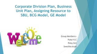 Corporate Division Plan, Business
Unit Plan, Assigning Resource to
SBU, BCG Model, GE Model
Group Members:-
Pukar K.C
Pinky Giri
Swechha Aryal
 
