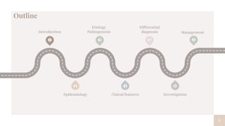 2
1 3 5
6
4
2
Introduction
Etiology
Pathogenesis
Differential
diagnosis
Epidemiology Clnical features Investigation
Outline
7
Management
 