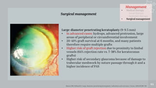 Management
• Medical therapy
- Local therapy
- Systemic therapy
• Surgical management
64
Surgical management
Skeens HM, Holland EJ. Large-diameter penetrating keratoplasty: indications and outcomes. Cornea. 2010;29:296-301
Large-diameter penetrating keratoplasty (9-9.5 mm)
• In advanced cases: hydrops, advanced protrusion, large
areas of peripheral or circumferential involvement
• 20-40% graft survival at 6 months, and many patients
therefore require multiple grafts
• Higher risk of graft rejection due to proximity to limbal
vessels (64% rejection rate vs. 7-38% for keratoconus
grafts)
• Higher risk of secondary glaucoma because of damage to
trabecular meshwork by suture passage through it and a
higher incidence of PAS
 