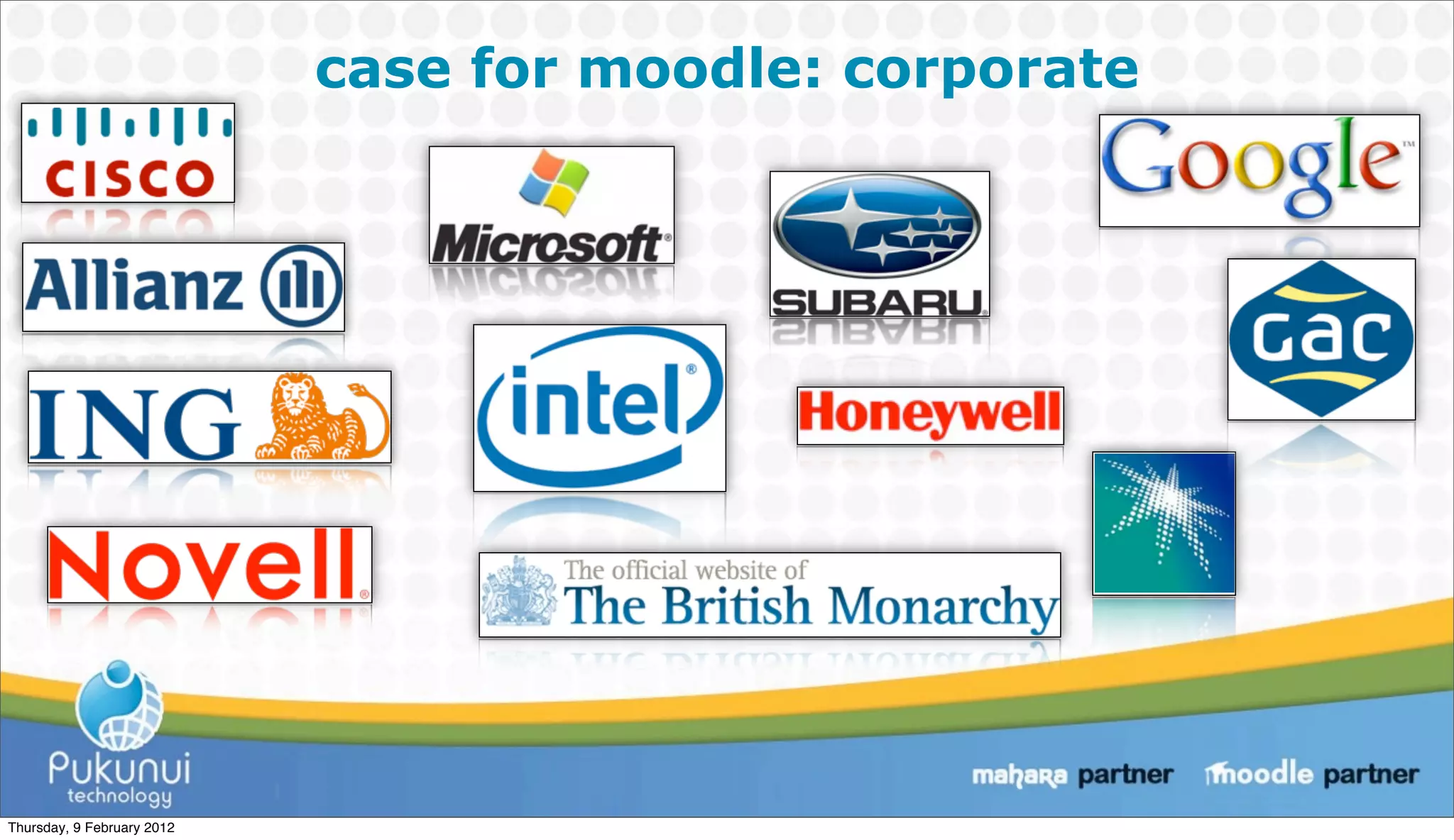 case for moodle: corporate




Thursday, 9 February 2012
 