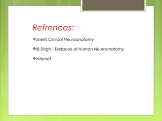 Refrences:
Snell's Clinical Neuroanatomy
IB Singh - Textbook of Human Neuroanatomy
internet
 