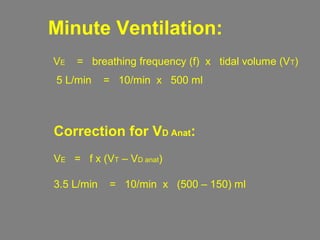 Minute Ventilation:
VE = breathing frequency (f) x tidal volume (VT)
5 L/min = 10/min x 500 ml
Correction for VD Anat:
VE = f x (VT – VD anat)
3.5 L/min = 10/min x (500 – 150) ml
 