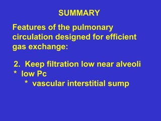 SUMMARY
Features of the pulmonary
circulation designed for efficient
gas exchange:
2. Keep filtration low near alveoli
* low Pc
* vascular interstitial sump
 