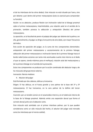 al de los interóseos de los otros dedos). Este músculo no está situado por fuera, sino
por delante y por dentro del primer metacarpiano (esto es esencial para comprender
su función).
Acción: no es abductor, produce flexión con inclinación radial de la falange proximal
sobre el primer metacarpiano, imprimiéndole, una rotación axial en el sentido de la
pronación, también provoca la adducción y antepulsión (flexión) del primer
metacarpiano.
La oposición, es la facultad de poner el pulpejo del pulgar por delante de la palma y en
ella, generalmente, el pulgar se dirige al encuentro de otro dedo, con mayor frecuencia
del índice.
Esta acción de oposición del pulgar, es la suma de tres componentes elementales:
antepulsión del primer metacarpiano y accesoriamente de la primera falange;
adducción del primer metacarpiano e inclinación lateral de la primera falange hacia el
borde radial (estas acciones son tanto más acentuadas cuanto más interno es el dedo
al que se opone, siendo máximas para el meñique); rotación axial del metacarpiano y
de la primera falange en el sentido de la pronación.
Estos tres componentes se producen por la acción combinada del abductor largo y de
los músculos del grupo tenar externo.
Inervación: Nervio mediano
4. Aductor del pulgar
Está formado por dos cabezas, oblicua y transversa.
Origen: El haz oblicuo, en el hueso grande y cara palmar de la base del 2º y 3º
metacarpianos. El haz transverso, en la cara palmar de la diáfisis del tercer
metacarpiano.
Inserción: por un tendón común en el sesamoideo interno y en el tubérculo interno de
la base de la falange proximal. Además emite una expansión dorsal que forma el
correón dorsal junto con el abductor corto.
Este músculo está asimilado con el primer interóseo palmar, por lo que pueden
considerarse como un sólo músculo (de hecho, el aductor del pulgar está inervado
como los interóseos por el nervio cubital).

 