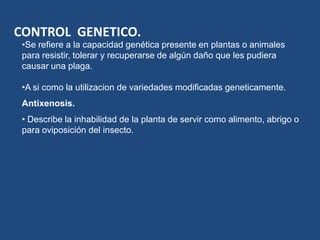 CONTROL  GENETICO.Se refiere a la capacidad genética presente en plantas o animales         para resistir, tolerar y recuperarse de algún daño que les pudiera causar una plaga.
