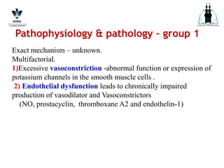 Pathophysiology & pathology – group 1
Exact mechanism – unknown.
Multifactorial.
1)Excessive vasoconstriction -abnormal function or expression of
potassium channels in the smooth muscle cells .
2) Endothelial dysfunction leads to chronically impaired
production of vasodilator and Vasoconstrictors
(NO, prostacyclin, thromboxane A2 and endothelin-1)
 