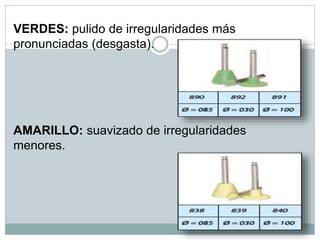 VERDES: pulido de irregularidades más
pronunciadas (desgasta).
AMARILLO: suavizado de irregularidades
menores.
 