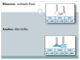 Blancos: acabado final.
Azules: Alto brillo.
 