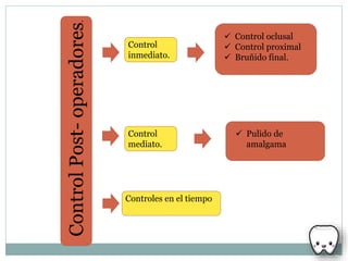  Control oclusal
 Control proximal
 Bruñido final.
 Pulido de
amalgama
ControlPost-operadores.
Control
inmediato.
Control
mediato.
Controles en el tiempo
 