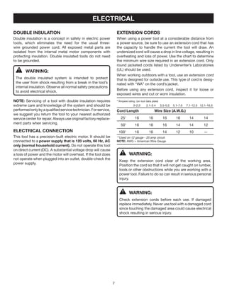 EXTENSION CORDS
When using a power tool at a considerable distance from
a power source, be sure to use an extension cord that has
the capacity to handle the current the tool will draw. An
undersized cord will cause a drop in line voltage, resulting in
overheating and loss of power. Use the chart to determine
the minimum wire size required in an extension cord. Only
round jacketed cords listed by Underwriter’s Laboratories
(UL) should be used.
When working outdoors with a tool, use an extension cord
that is designed for outside use. This type of cord is desig-
nated with “WA” on the cord’s jacket.
Before using any extension cord, inspect it for loose or
exposed wires and cut or worn insulation.
**Ampere rating (on tool data plate)
		 0-2.0	2.1-3.4	 3.5-5.0	 5.1-7.0	 7.1-12.0 	 12.1-16.0
Cord Length			Wire Size (A.W.G.)
	25'	 16	 16	 16	 16	 14	 14
	 50'	 16	 16	 16	 14	 14	 12
	 100'	 16	 16	 14	 12	 10	 —
**Used on 12 gauge - 20 amp circuit.
NOTE: AWG = American Wire Gauge
WARNING:
Keep the extension cord clear of the working area.
Position the cord so that it will not get caught on lumber,
tools or other obstructions while you are working with a
power tool. Failure to do so can result in serious personal
injury.
WARNING:
Check extension cords before each use. If damaged
replace immediately. Never use tool with a damaged cord
since touching the damaged area could cause electrical
shock resulting in serious injury.
ELECTRICAL
DOUBLE INSULATION
Double insulation is a concept in safety in electric power
tools, which eliminates the need for the usual three-
wire grounded power cord. All exposed metal parts are
isolated from the internal metal motor components with
protecting insulation. Double insulated tools do not need
to be grounded.
WARNING:
The double insulated system is ­ intended to protect
the user from shock resulting from a break in the tool’s
internal insulation. Observe all normal safety precautions
to avoid electrical shock.
NOTE: Servicing of a tool with double insulation requires
extreme care and knowledge of the system and should be
performed only by a qualified service technician. For service,
we suggest you return the tool to your nearest authorized
service center for repair. Always use original factory replace-
ment parts when servicing.
ELECTRICAL CONNECTION
This tool has a precision-built electric motor. It should be
connected to a power supply that is 120 volts, 60 Hz, AC
only (normal household current). Do not operate this tool
on direct current (DC). A substantial voltage drop will cause
a loss of power and the motor will overheat. If the tool does
not operate when plugged into an outlet, double-check the
power supply.
 