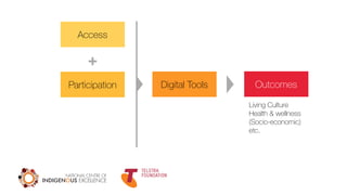 Access
Participation
+
Outcomes
Living Culture
Health & wellness
(Socio-economic)
etc.
Digital Tools
 