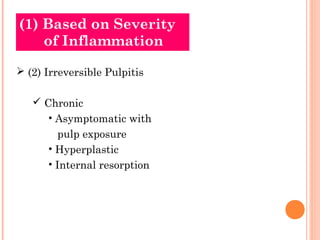 (1) Based on Severity
    of Inflammation

 (2) Irreversible Pulpitis

    Chronic
      • Asymptomatic with
         pulp exposure
      • Hyperplastic
      • Internal resorption
 
