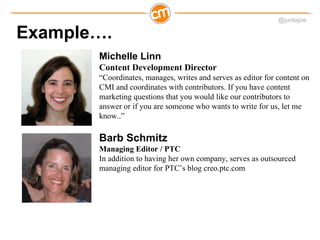 @juntajoe

Example….
       Michelle Linn
       Content Development Director
       “Coordinates, manages, writes and ser...