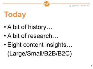 @JoePulizzi #2013IMF

Today
• A bit of history…
• A bit of research…
• Eight content insights…
(Large/Small/B2B/B2C)
4

 